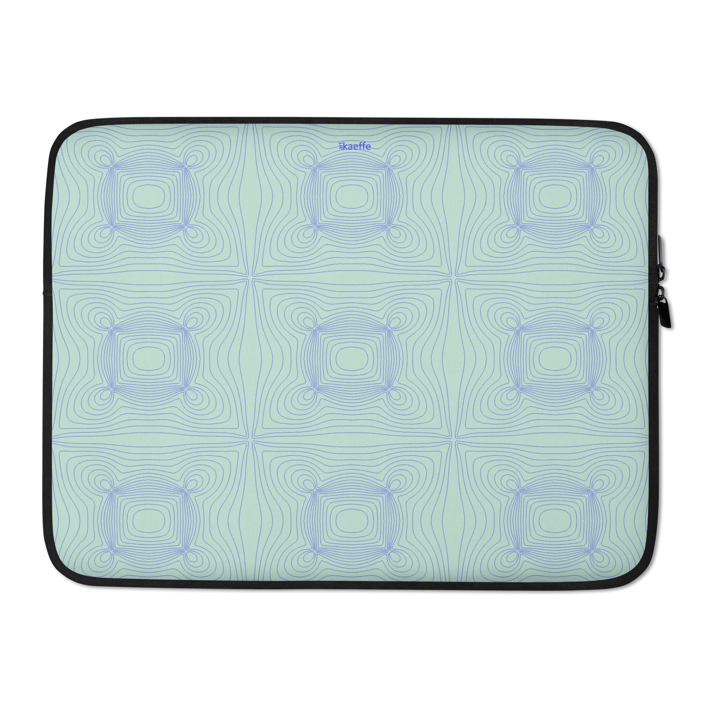 Eine Laptoptasche - θ von Kaeffe Art mit hellgrünem Hintergrund und geometrischem Muster aus dünnen blauen Linien, die miteinander verbundene Quadrate und Kreise bilden. Die Hülle hat einen schwarzen Rand und einen Reißverschluss entlang der Kante. Sie ist aus wasserfestes Material gefertigt, um Ihr Gerät sicher aufzubewahren.