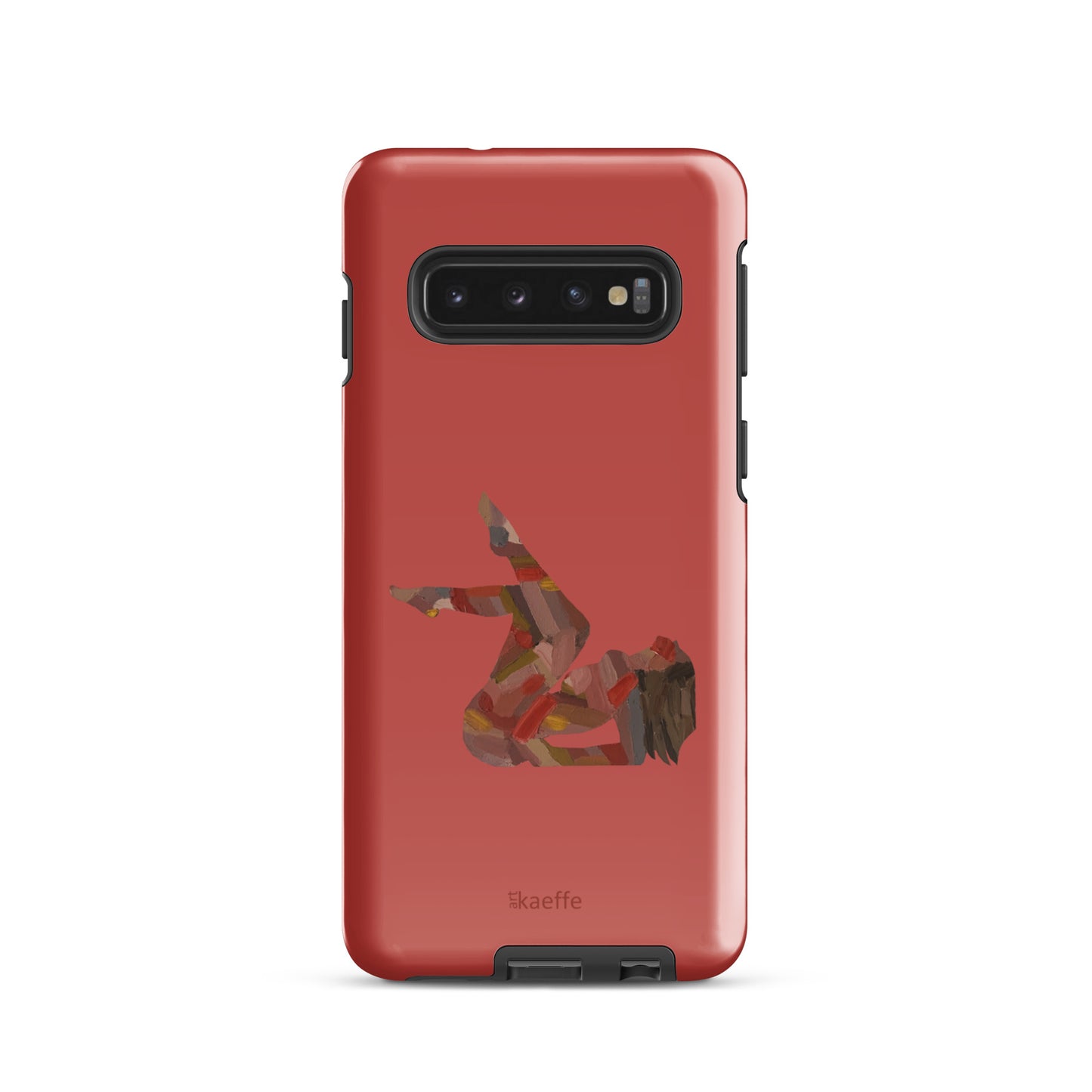 Ein rotes Samsung®-Hardcase namens „Anthelia“ von Kaeffe Art zeigt eine minimalistische Illustration einer Person, die mit angewinkelten Beinen und Armen auf dem Rücken liegt. Die Illustration zeigt abstrakte Formen in verschiedenen Braun- und Orangetönen, und unten in der Mitte des Fallfest-Cases ist das Wort „Kaeffe“ aufgedruckt.