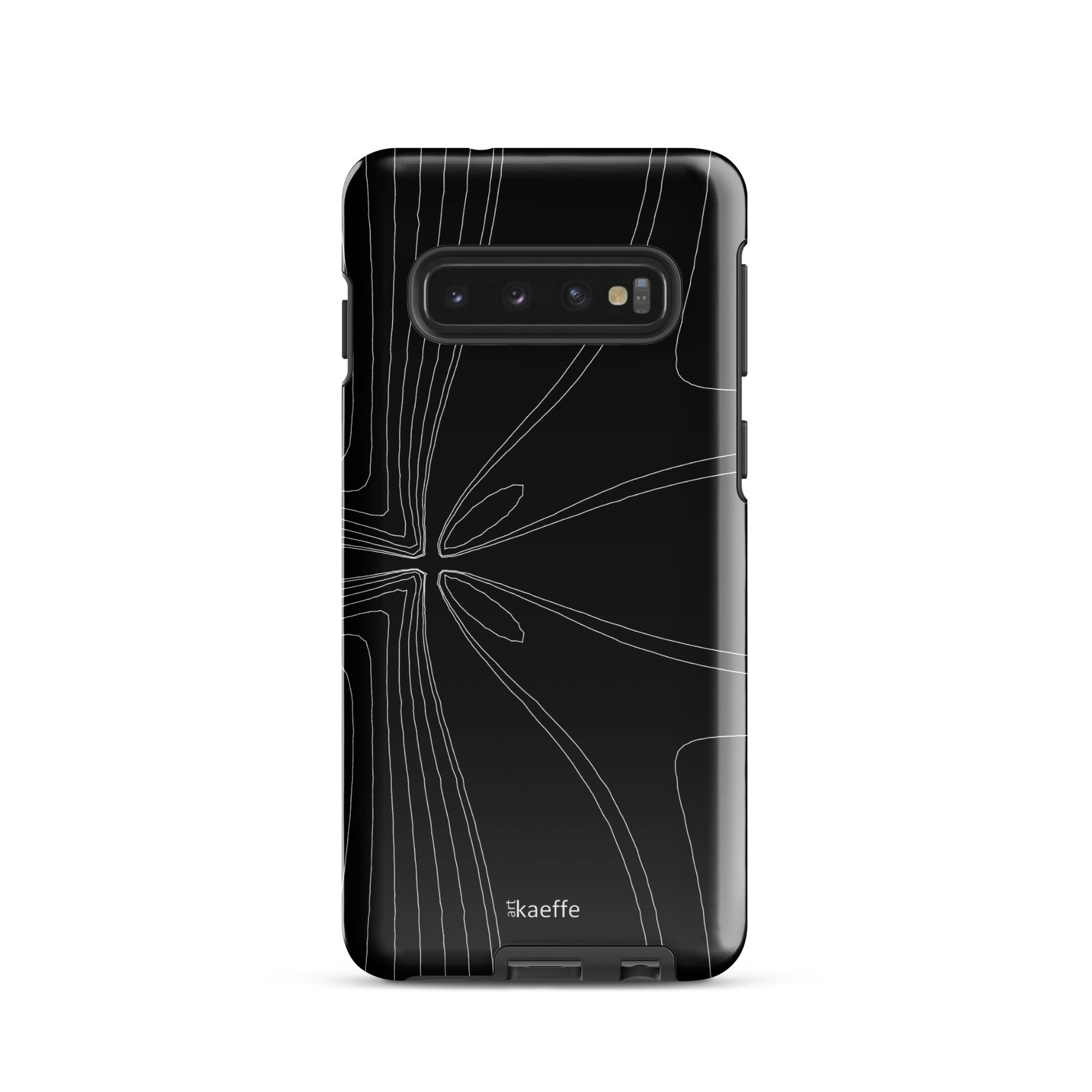 Wir präsentieren die elegante und stylische Hardcase Samsung®-Hülle - Dark Energy von Kaeffe Art. Diese elegante schwarze Hülle zeigt komplizierte weiße, abstrakte Linienmuster, die von einem zentralen Punkt auf der Rückseite ausgehen, mit dem Aufdruck „Kaeffe“ am unteren Rand. Sie ist stoßabsorbierend und passt perfekt zu Handys mit horizontaler Dreifachkamera.